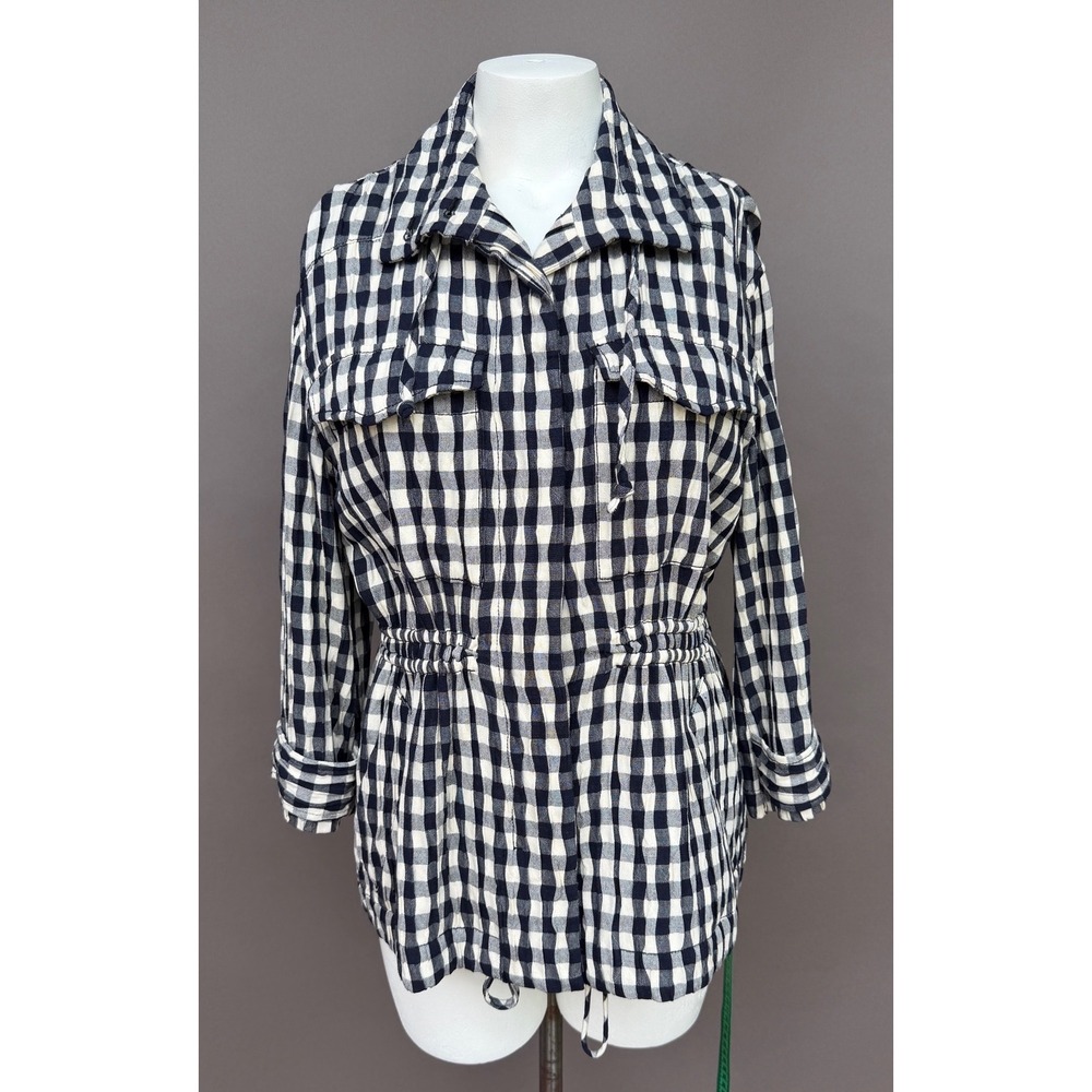 Gingham Utility Jacket S Navy White Plaid Cinched Waist Field Coat Cottagecore